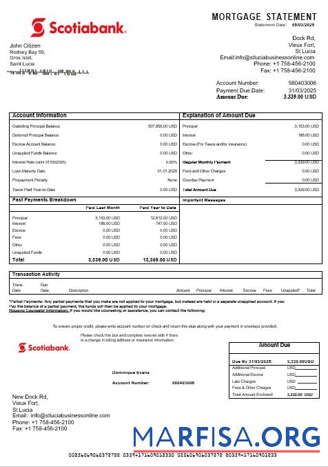 Realistic Saint Lucia Scotiabank mortgage statement in Word and PDF formats sample